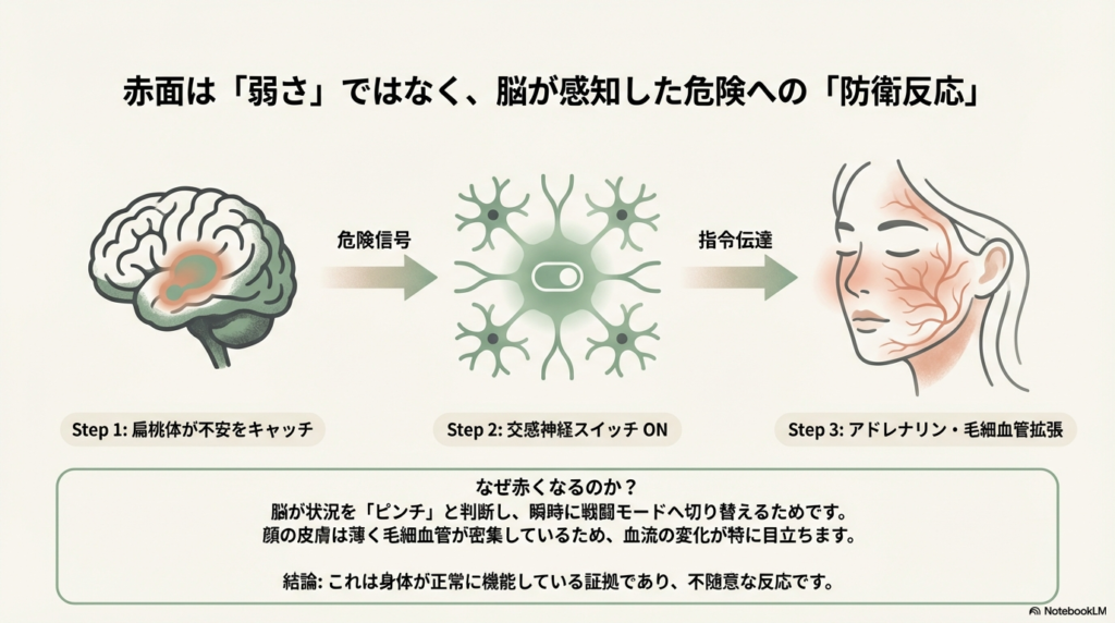 脳の扁桃体が不安を感知し、交感神経がONになり、アドレナリンによって毛細血管が拡張するプロセスを説明する図解。