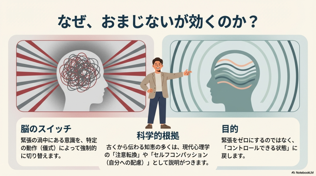 混乱した思考(左)を特定の儀式によって整った思考(右)へと切り替える「脳のスイッチ」のイメージ図。
