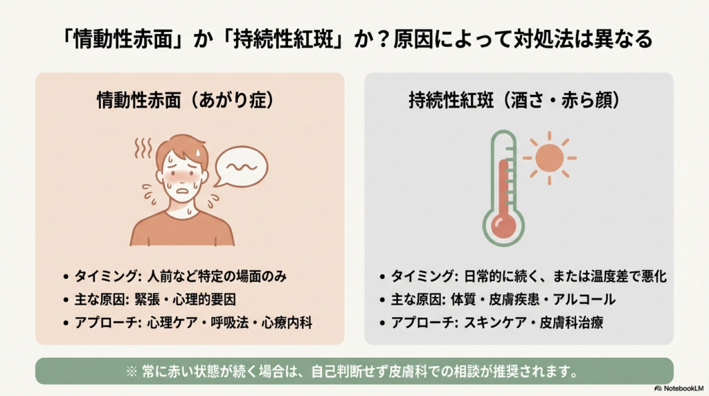 緊張による赤面と、体質や疾患による赤ら顔の原因・タイミング・対処法の違いを比較したイラスト。