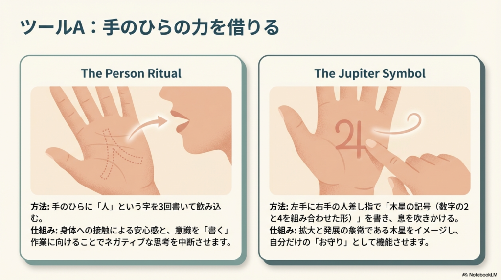 手のひらに「人」と書く動作と、拡大・発展を象徴する木星の記号を書く手順を示すイラスト。