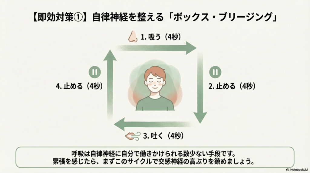 「吸う・止める・吐く・止める」を各4秒ずつ行うボックス・ブリージングの手順を示した図解。