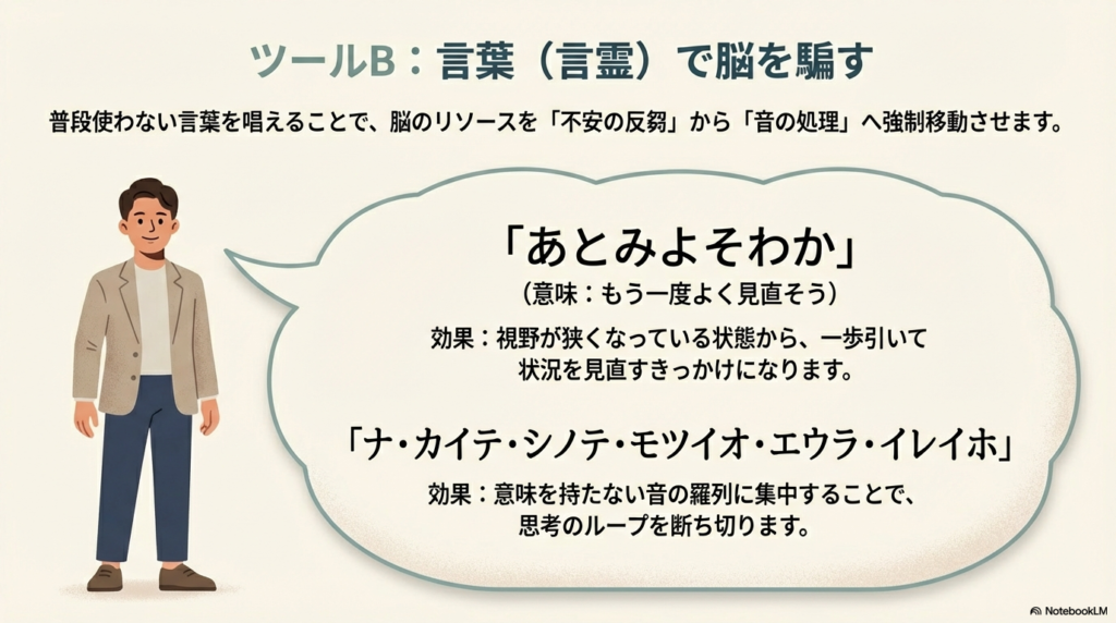 「あとみよそわか」や「ナ・カイテ……」など、不安の反芻を止めるための言葉のリスト。