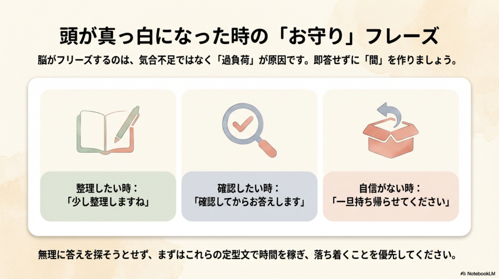 「少し整理しますね」「一旦持ち帰ります」など、脳がフリーズした際に時間を稼ぐための定型文をまとめたスライド。