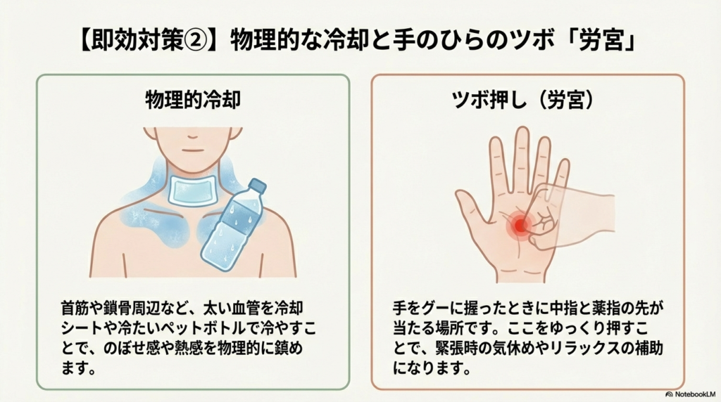 首筋や鎖骨を冷やす方法と、手のひらのツボ「労宮（ろうきゅう）」の正確な位置を示したイラスト。
