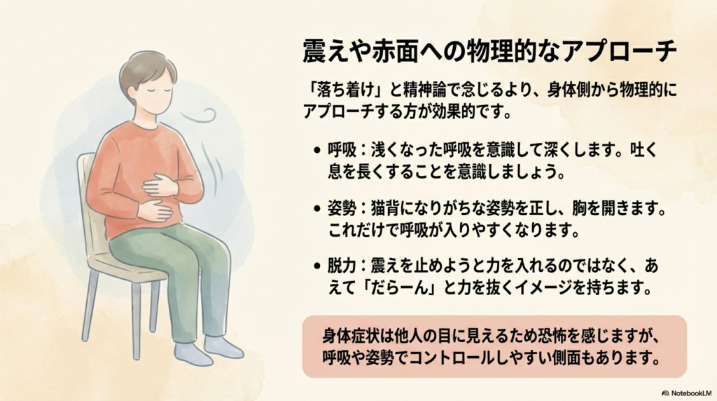 呼吸、姿勢、脱力（だらーんとするイメージ）によって、物理的に緊張をコントロールする方法を説明したイラスト付きスライド。