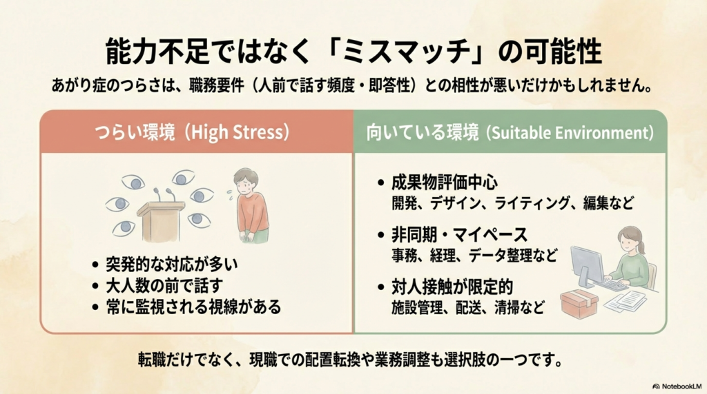 つらい環境（多人数・監視）と向いている環境（成果物評価・非同期）を比較し、配置転換や調整の選択肢を提示するスライド。
