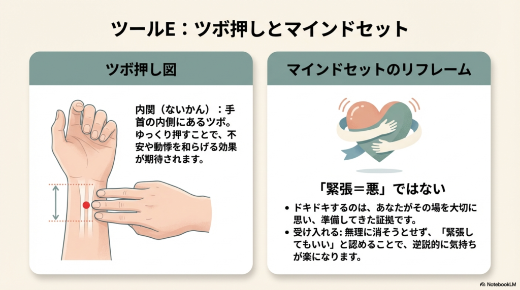 手首の内側にあるツボ「内関」の位置を指で示し、押し方を説明している図解。
