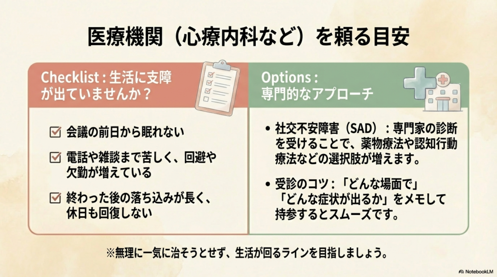 前日から眠れない、回避行動が増えるなどのチェックリストと、受診時のコツをまとめたスライド。