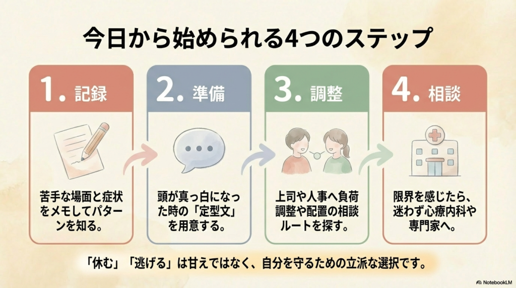 記録、準備、調整、相談の4つの手順をアイコンと共に示した、今日から取り組めるアクションプランのスライド。