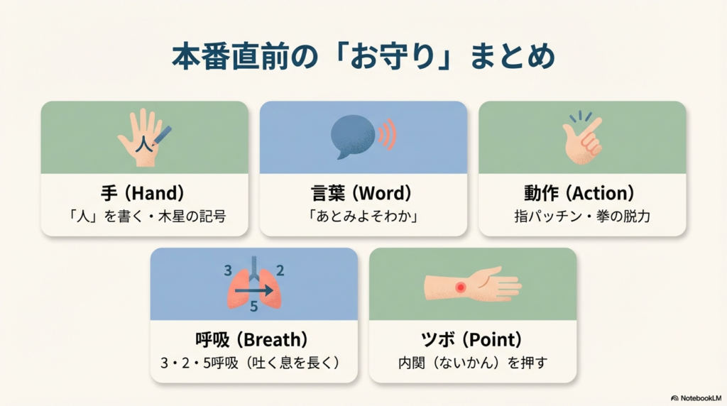 手、言葉、動作、呼吸、ツボの5つのカテゴリで、紹介した対策を一覧にしたまとめ図。