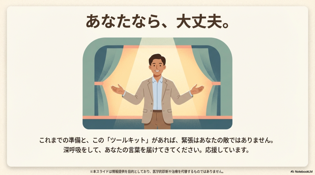 スポットライトを浴びるステージで、笑顔で堂々と話す男性のイラスト。「あなたなら、大丈夫。」という応援メッセージ。