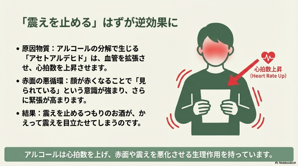 アセトアルデヒドの影響で心拍数が上がり、赤面や震えがかえって目立ってしまう生理学的なリスクを説明する、顔が赤くなった男性のイラスト。