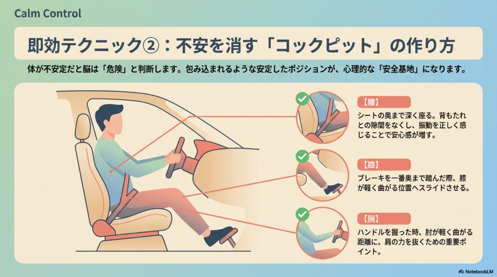 腰を深く座る、膝を軽く曲げる、肘を軽く曲げるといった、心理的「安全基地」を作るためのシートポジション調整のポイント。