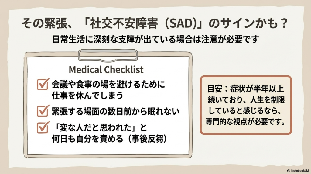 仕事を休む、数日前から眠れない、事後反芻など、専門的な視点が必要な症状をまとめたチェックリスト。