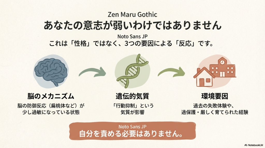 脳のメカニズム(扁桃体の過敏)、遺伝的気質(行動抑制)、環境要因(過去の失敗や教育)の3点が、意志の弱さではなく「反応」であることを示す図。