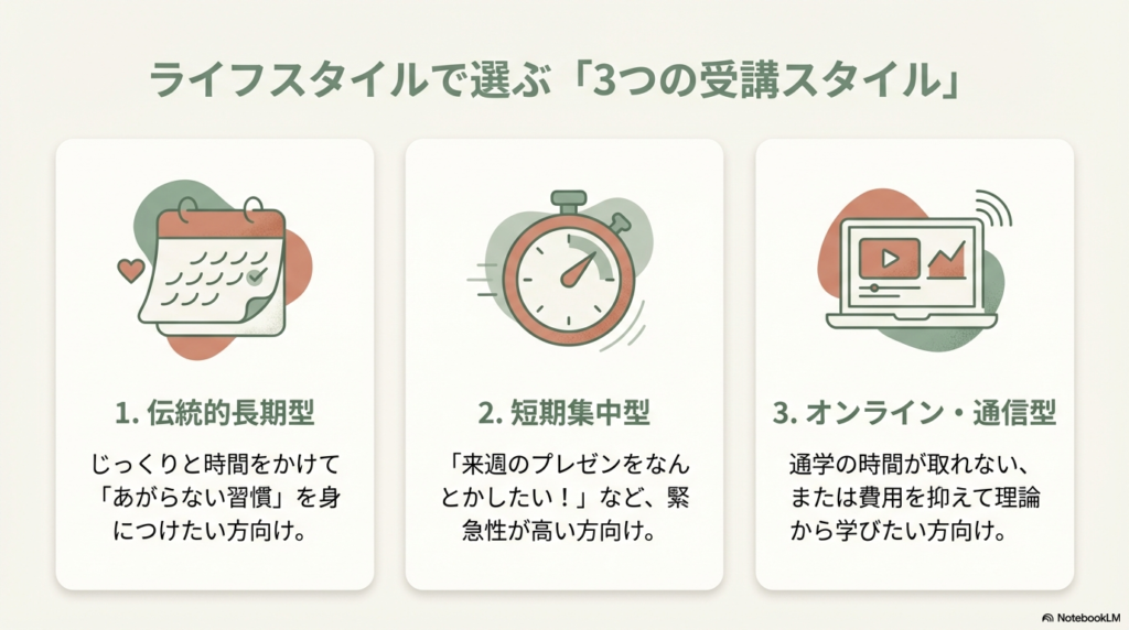伝統的長期型(カレンダー)、短期集中型(ストップウォッチ)、オンライン・通信型(パソコン)の3つのスタイルを比較したイラスト。