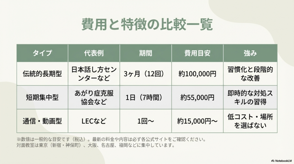 伝統的長期型、短期集中型、通信・動画型の3タイプについて、期間、費用目安、強みをまとめた比較表。