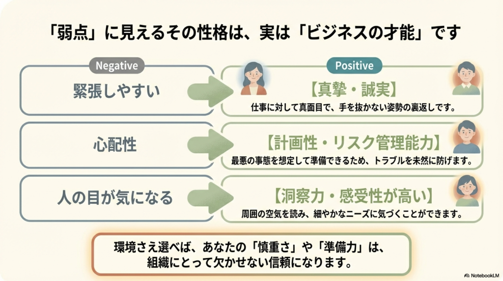 緊張しやすい、心配性、人の目が気になるという短所を、真摯・誠実、計画性、洞察力という長所に言い換えた比較図。