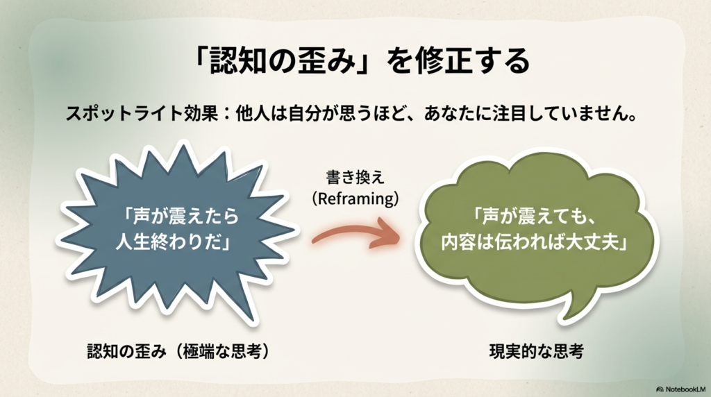 「声が震えたら人生終わりだ」という極端な思考を、「内容は伝われば大丈夫」という現実的な思考に書き換えるリフレーミングの例。