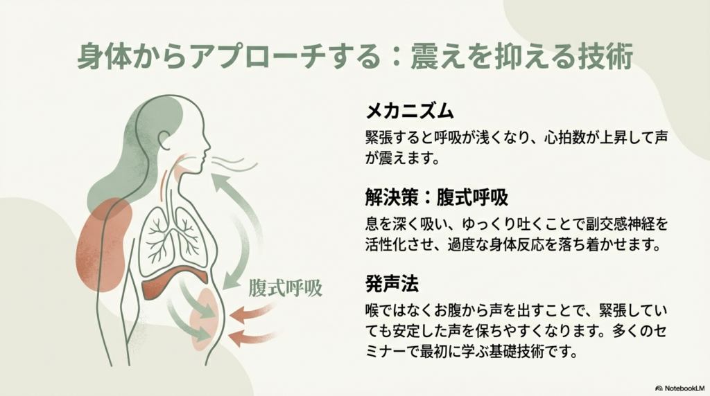 人体の断面図で腹式呼吸の仕組みを解説。深い呼吸で副交感神経を活性化させ、震えを抑えるプロセス。