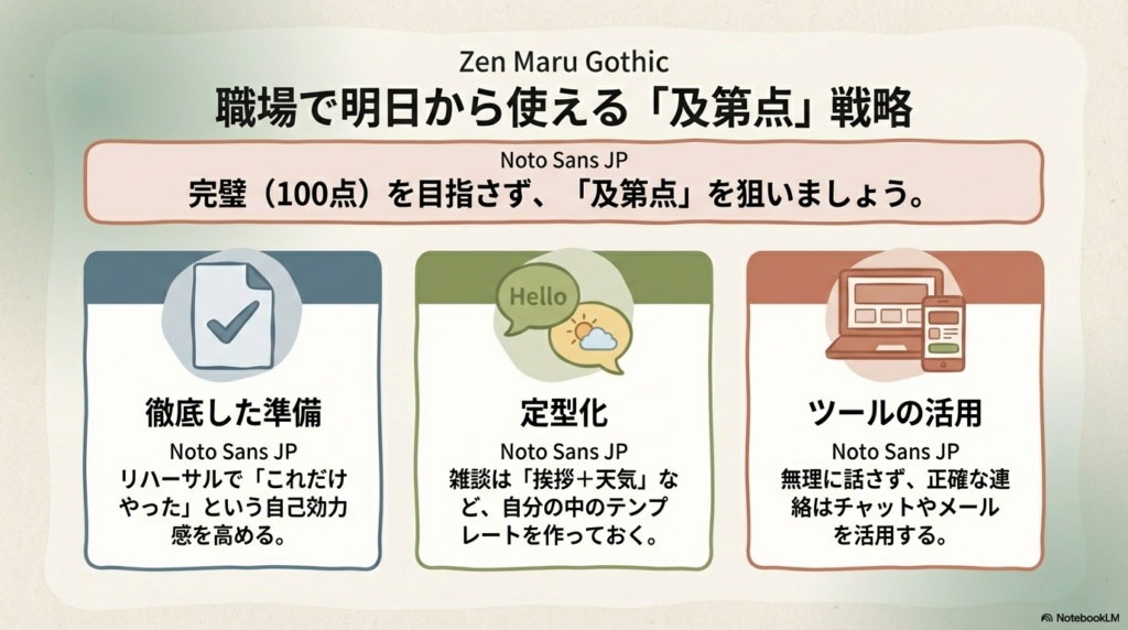 完璧を目指さず、準備・定型化・ツールの活用によって自己効力感を高め、及第点を狙うための3つの戦略。