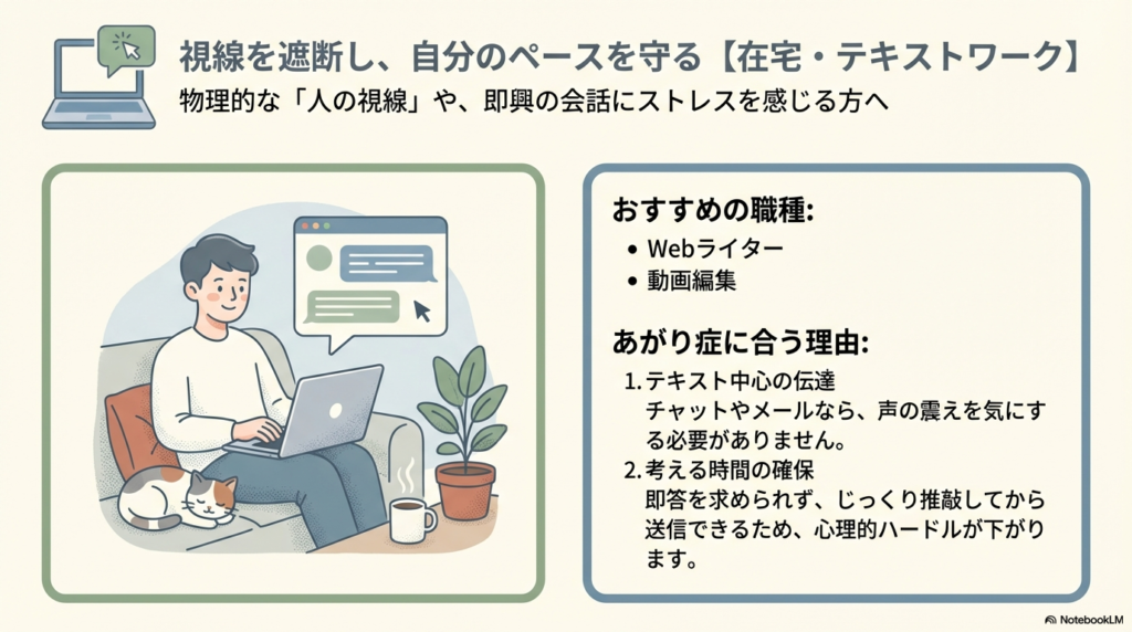 自宅で猫とリラックスしながらパソコン作業をする人物。「テキスト中心の伝達で声の震えが気にならない」「考える時間を確保できる」というメリットを解説。