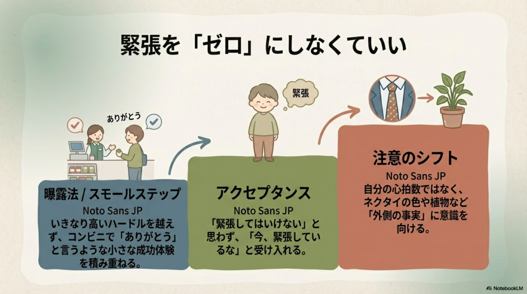 曝露法(スモールステップ)、アクセプタンス(受容)、注意のシフト(意識を外に向ける)の3つの具体的な対処法。