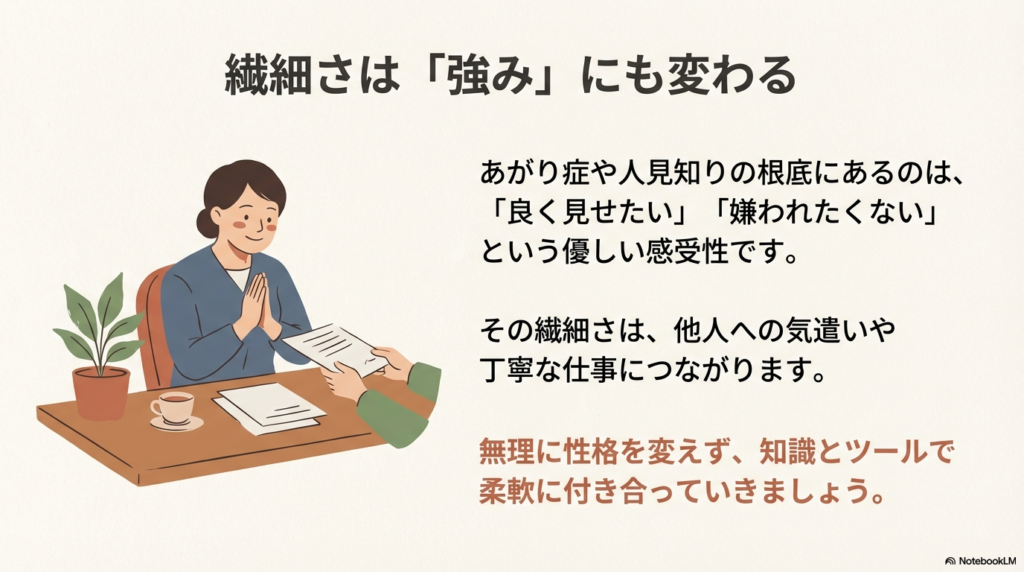 穏やかな表情で書類を受け渡しする女性のイラストと、感受性の豊かさが気遣いや丁寧な仕事につながることを伝えるメッセージ。