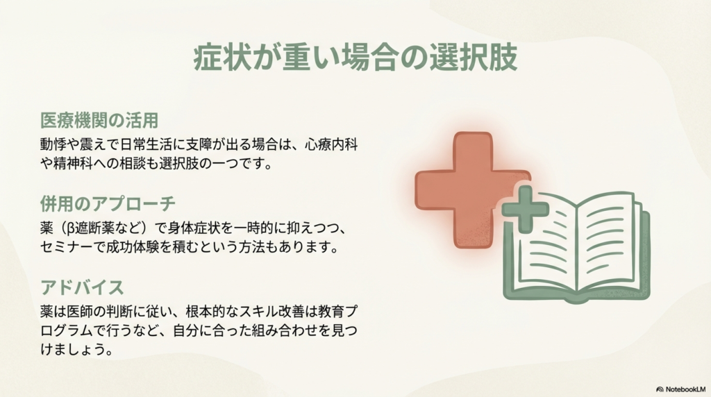 十字マーク(医療)と本(教育)のアイコン。薬で症状を抑えつつセミナーで成功体験を積む、ハイブリッドな解決策の提示。