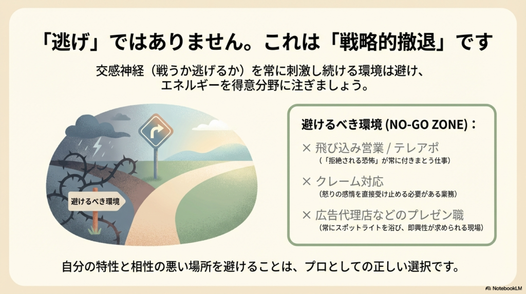 茨の道と開けた道の分かれ道のイラスト。避けるべき環境として、飛び込み営業、クレーム対応、即興性が求められるプレゼン職を提示。