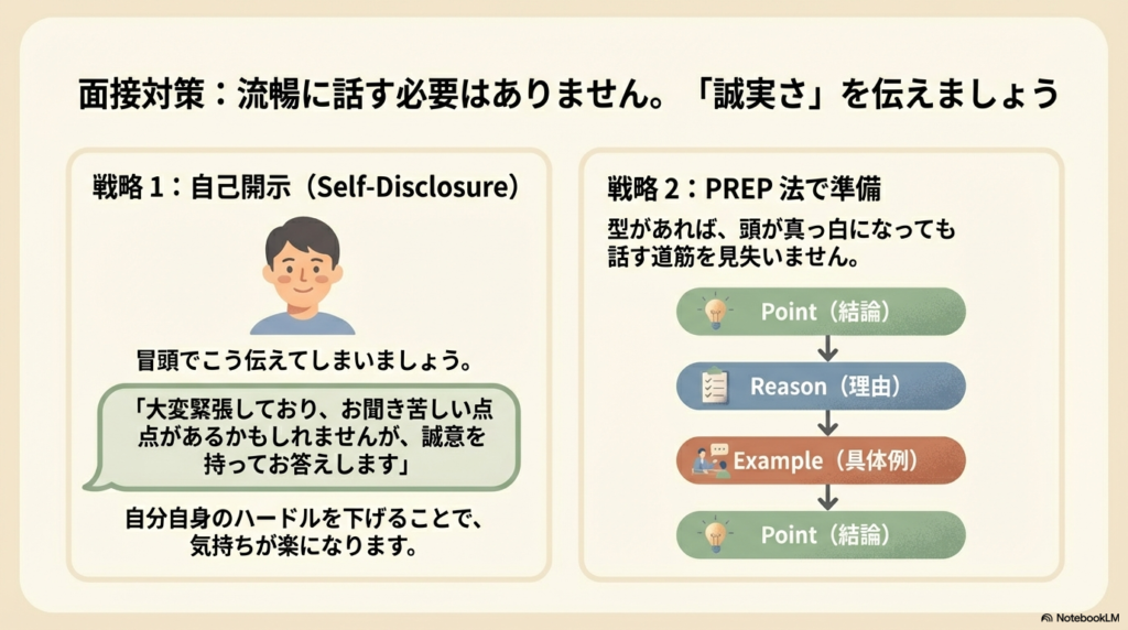 穏やかな表情の人物。戦略1として「緊張していることを伝える自己開示」、戦略2として「話す道筋を見失わないPREP法」を解説。