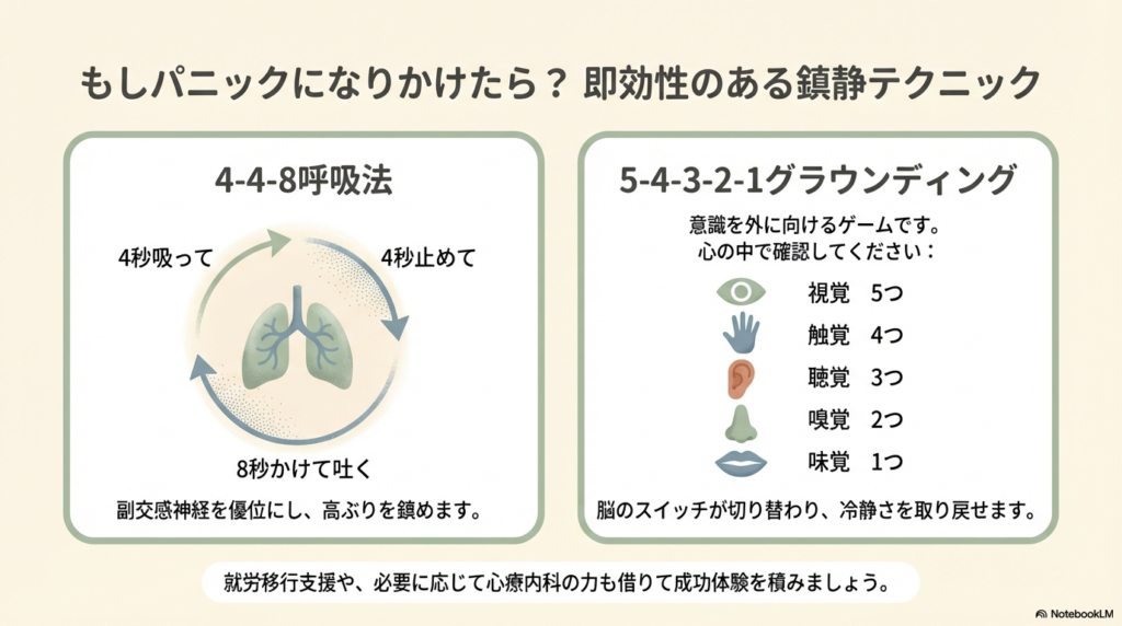 4-4-8呼吸法と、五感を使う5-4-3-2-1グラウンディングの手順。必要に応じて専門機関の力を借りることも推奨。