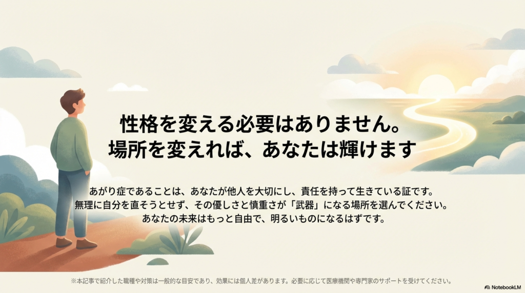 「性格を変える必要はない、場所を変えれば輝ける」というメッセージ。あがり症は他人を大切にしている証であるという締めくくりの言葉。