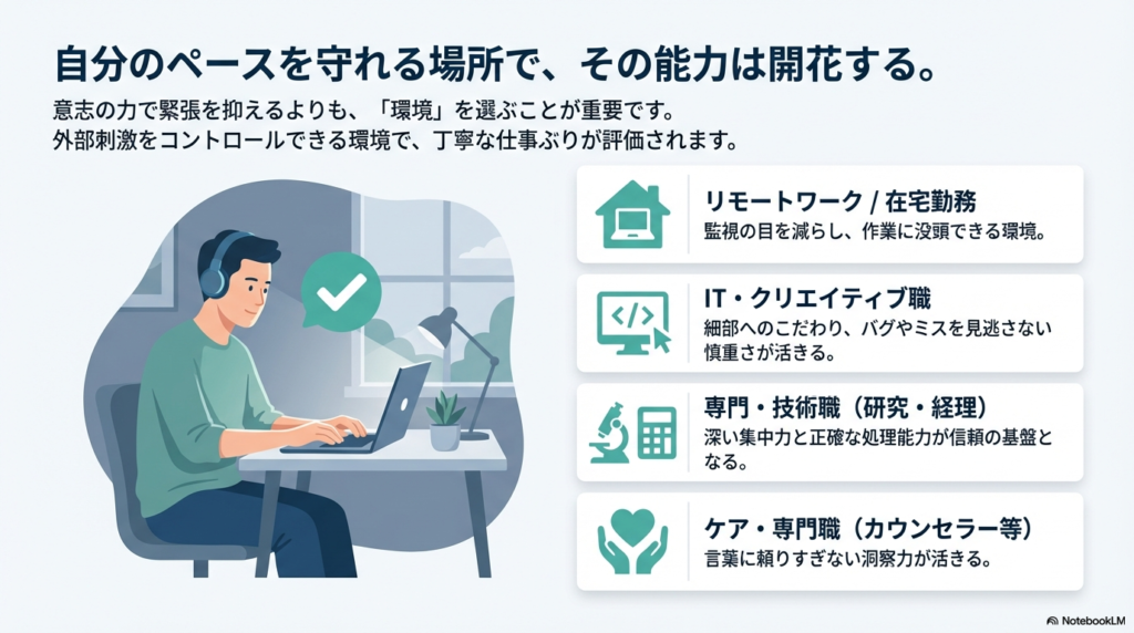 ヘッドセットをつけ、リラックスした環境でノートパソコンに向かい集中して作業する男性のイラスト