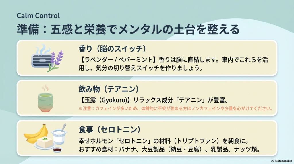 ラベンダーやペパーミントの香り、玉露のテアニン、朝食でのセロトニン(バナナ、大豆、乳製品)活用をまとめたスライド。