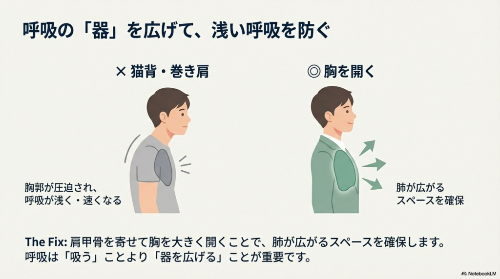 猫背と胸を開いた姿勢の比較。肩甲骨を寄せて肺が広がるスペースを作る重要性を解説。