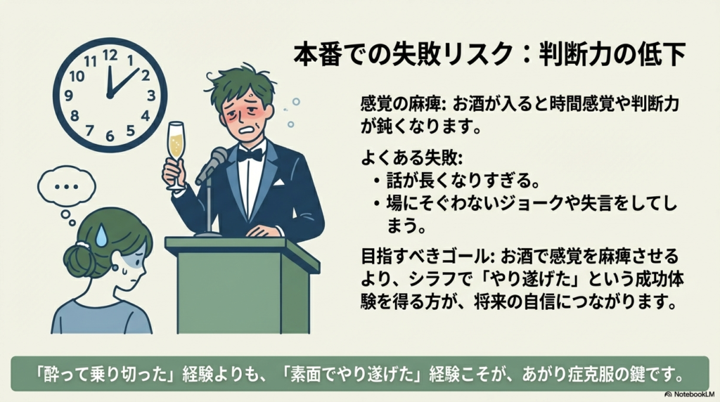 お酒で判断力が鈍りスピーチが長引く失敗例と、シラフでやり遂げることが克服への近道であることを示す比較イラスト。