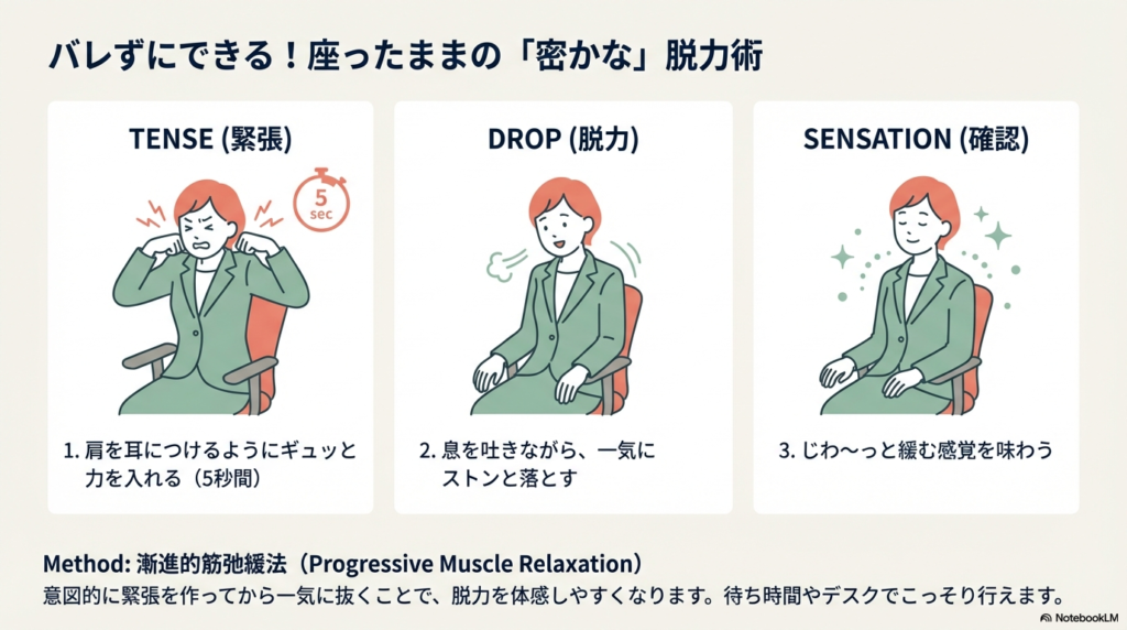 肩を耳まで上げて5秒キープし、一気に脱力して緩む感覚を味わう手順のイラスト。