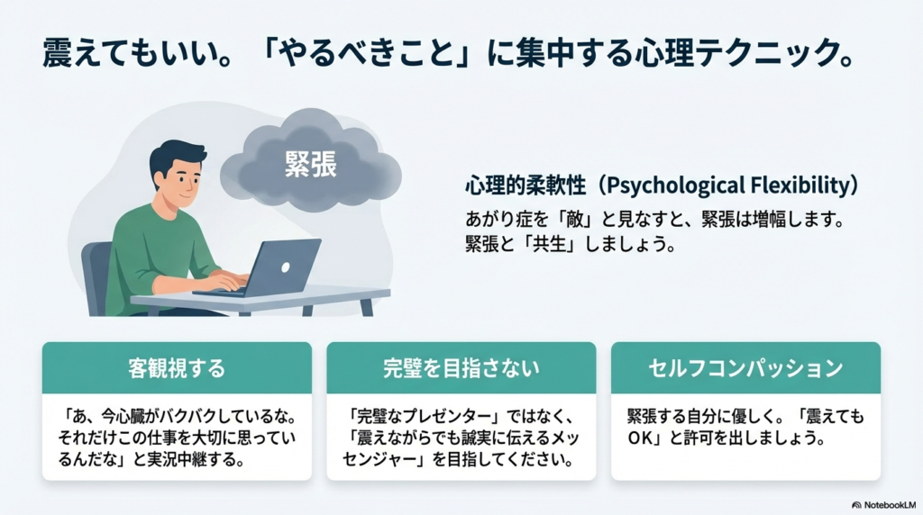 パソコン作業をする男性の頭上に「緊張」という雲が浮かんでいるが、穏やかな表情で向き合っているイラスト