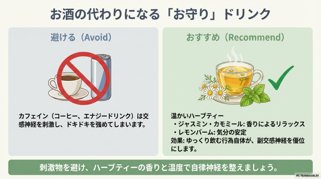 刺激の強いカフェイン飲料は避け、カモミールなどの温かいハーブティーで自律神経を整えることを推奨する比較図。