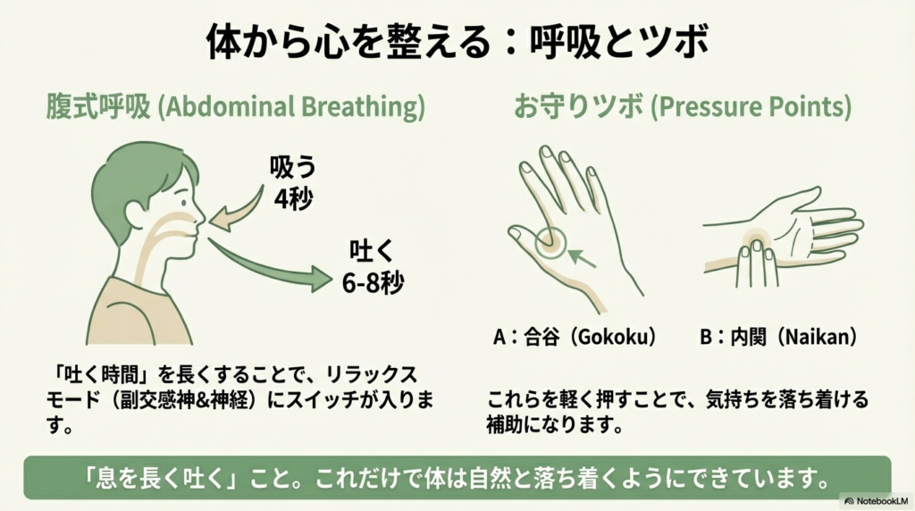 4秒吸って6〜8秒吐く呼吸法のコツと、緊張を和らげるツボ（合谷・内関）の場所を示したガイド図。
