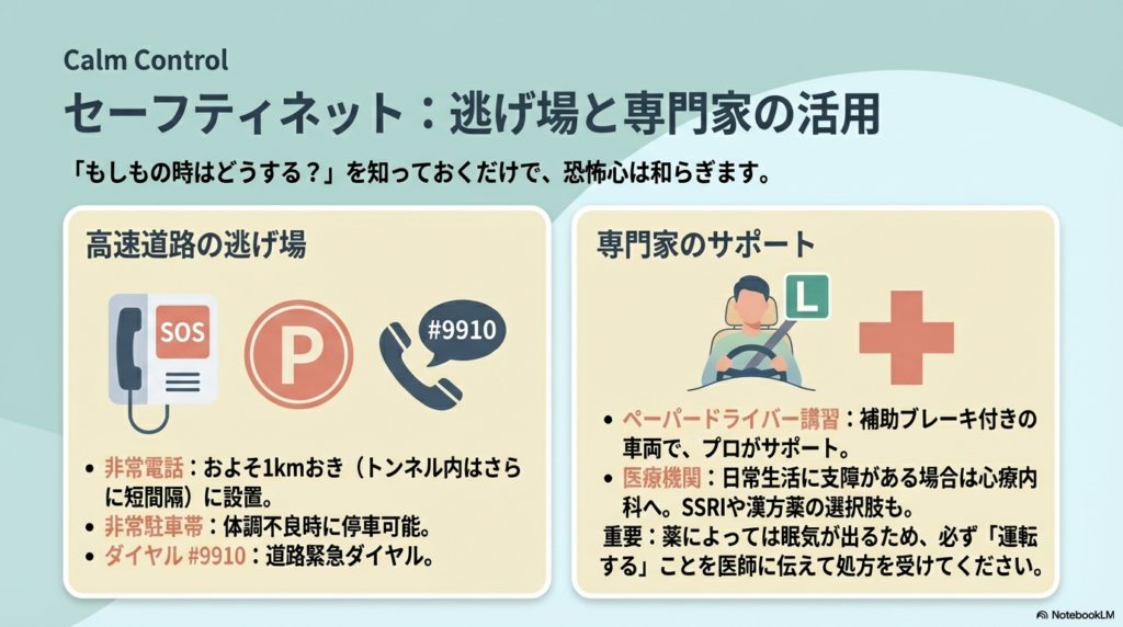 高速道路の非常電話、非常駐車帯、道路緊急ダイヤル#9910の紹介。また、ペーパードライバー講習や医療機関(SSRI、漢方)の活用方法。