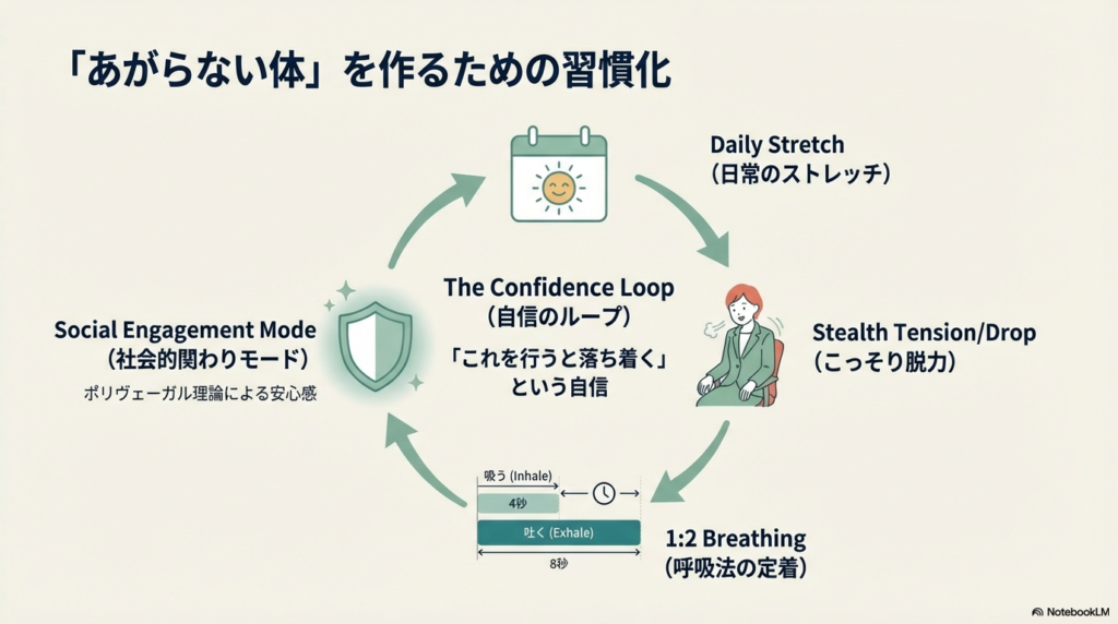 日常のストレッチや呼吸法を習慣化し、社会的関わりモード（安心感）を定着させるサイクル図