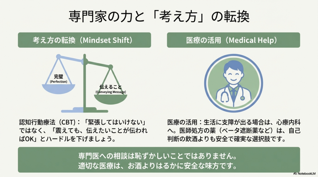 「完璧」よりも「伝えること」を優先する考え方の天秤図と、医師などの専門家を頼るメリットをまとめたスライド。