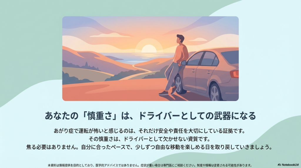 車に寄り添う人のイラストと共に、「あがり症や慎重さは安全や責任を大切にしている証拠であり、ドライバーの資質である」という応援メッセージ。