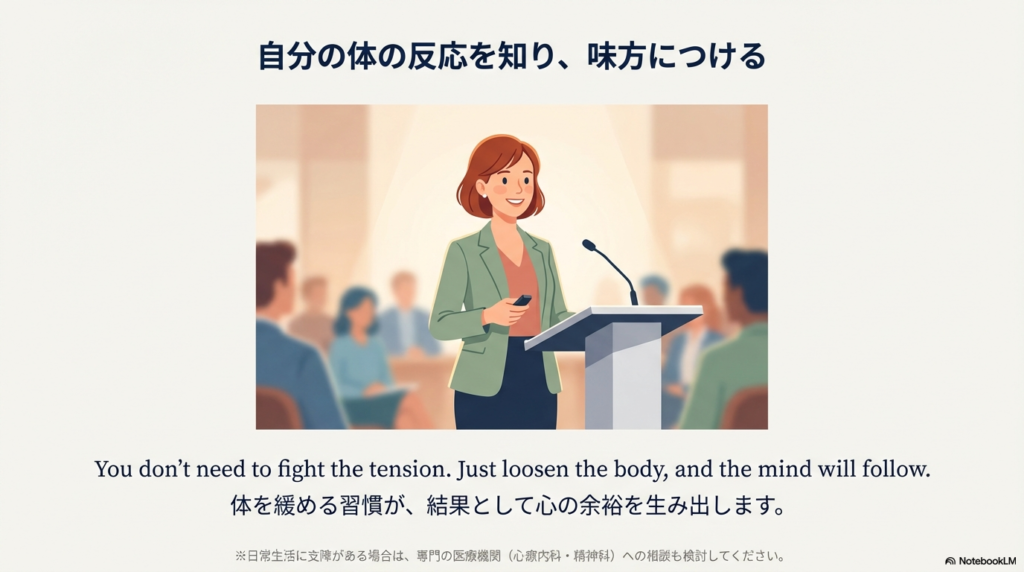 プレゼン台で笑顔で話す女性のイラスト。「体を緩める習慣が心の余裕を生む」というメッセージ。
